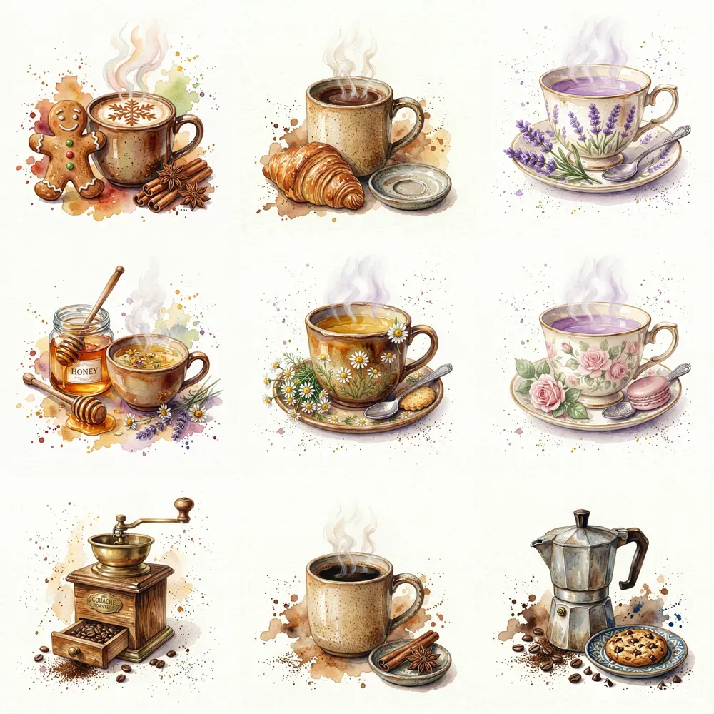 Vintage Watercolor Coffee Tea Elements