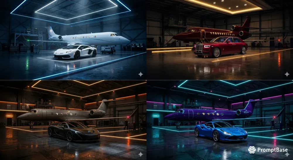 Cinematic Luxury Car Jet Hangar Neons