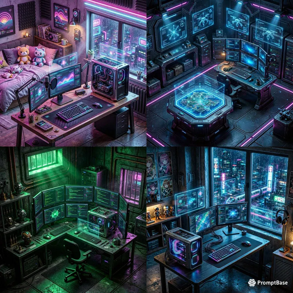 Isometric 3D Cyberpunk Gaming Rooms
