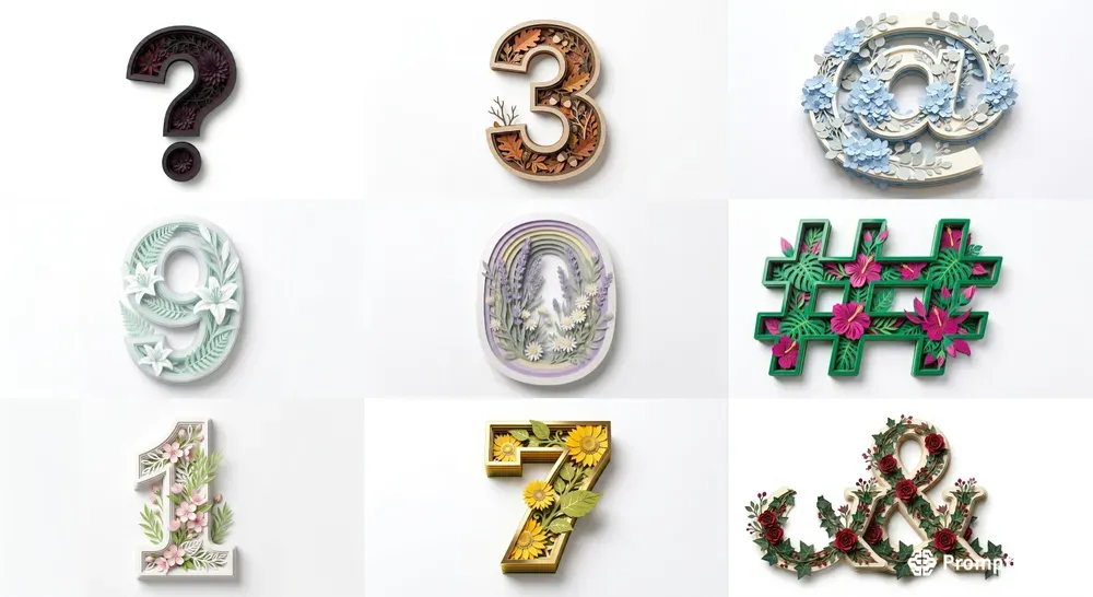 3D Botanical Papercut Numbers Symbols