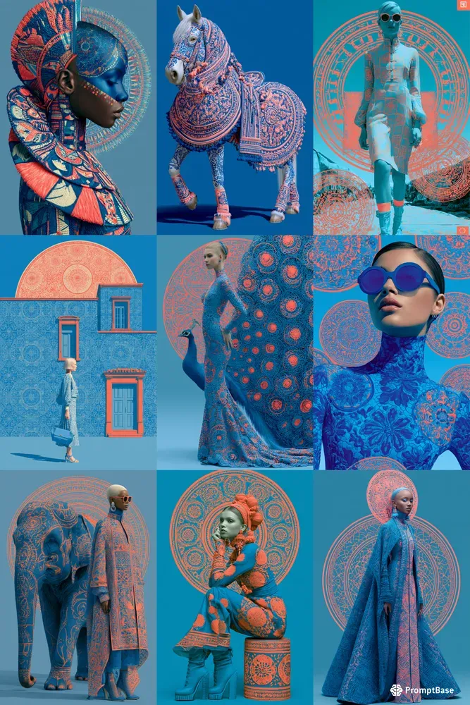 Cobalt Coral Folk Textile Art