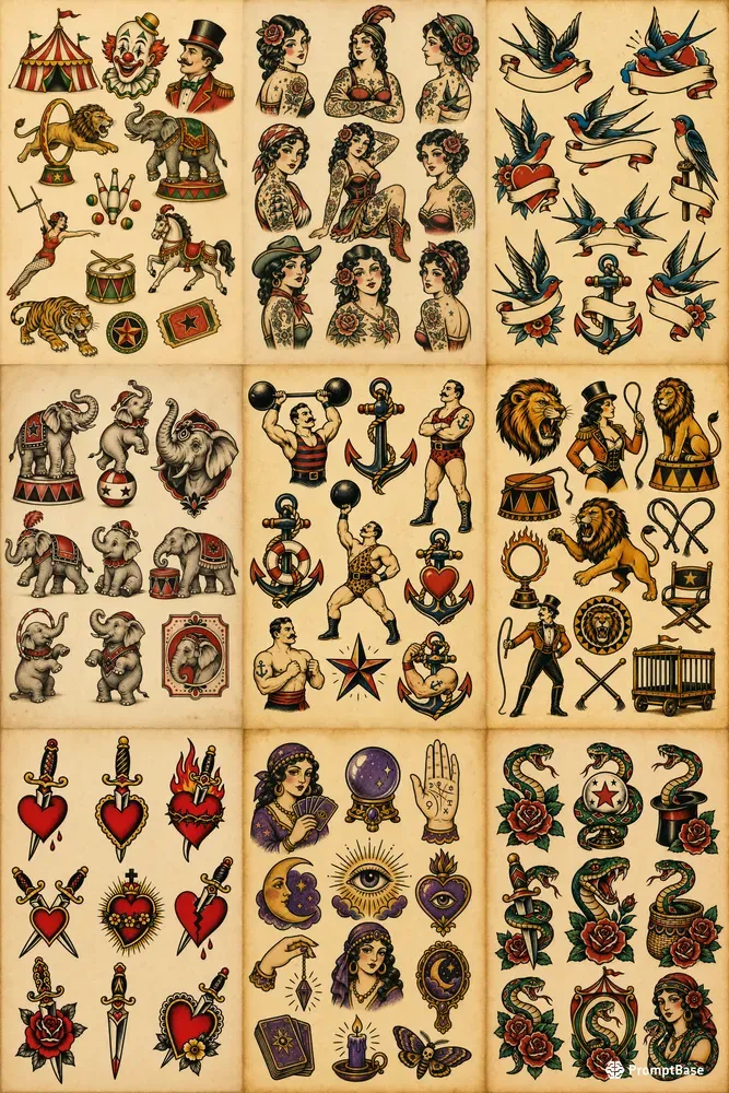 Vintage Circus Tattoo Flash Sheets