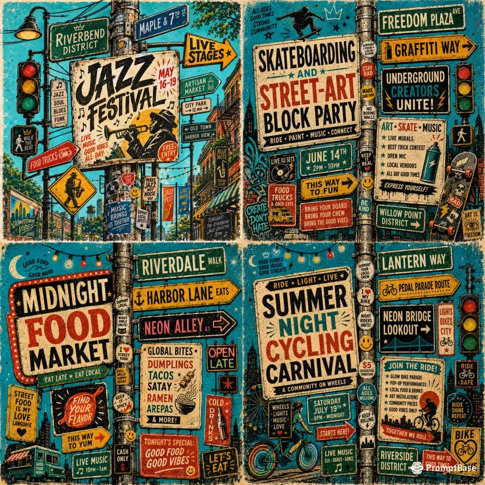 Handdrawn Urban Signpost Collage Posters