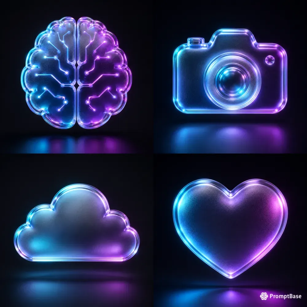 3D Frosted Glass Icons With Neon Accents