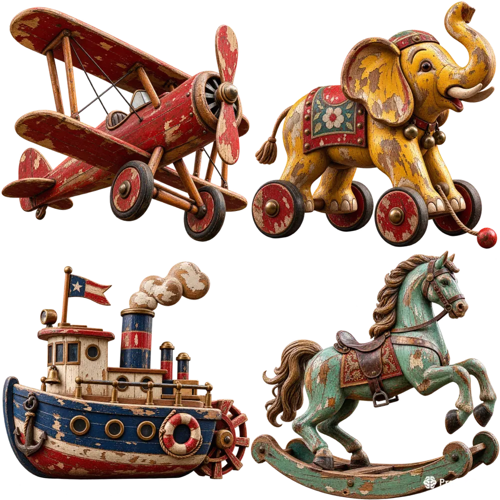 Vintage Distressed Wooden Toy Cliparts