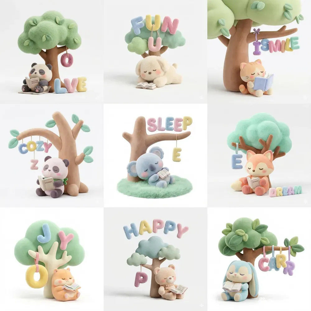 Cute Kawaii Plush Animals Under Trees