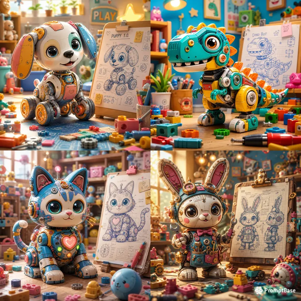 Robot Puppy Toy Builder Scene Art