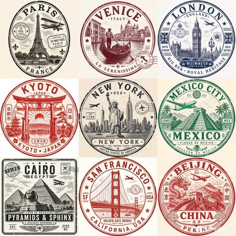 Vintage Landmark Travel Stamp Art Sets