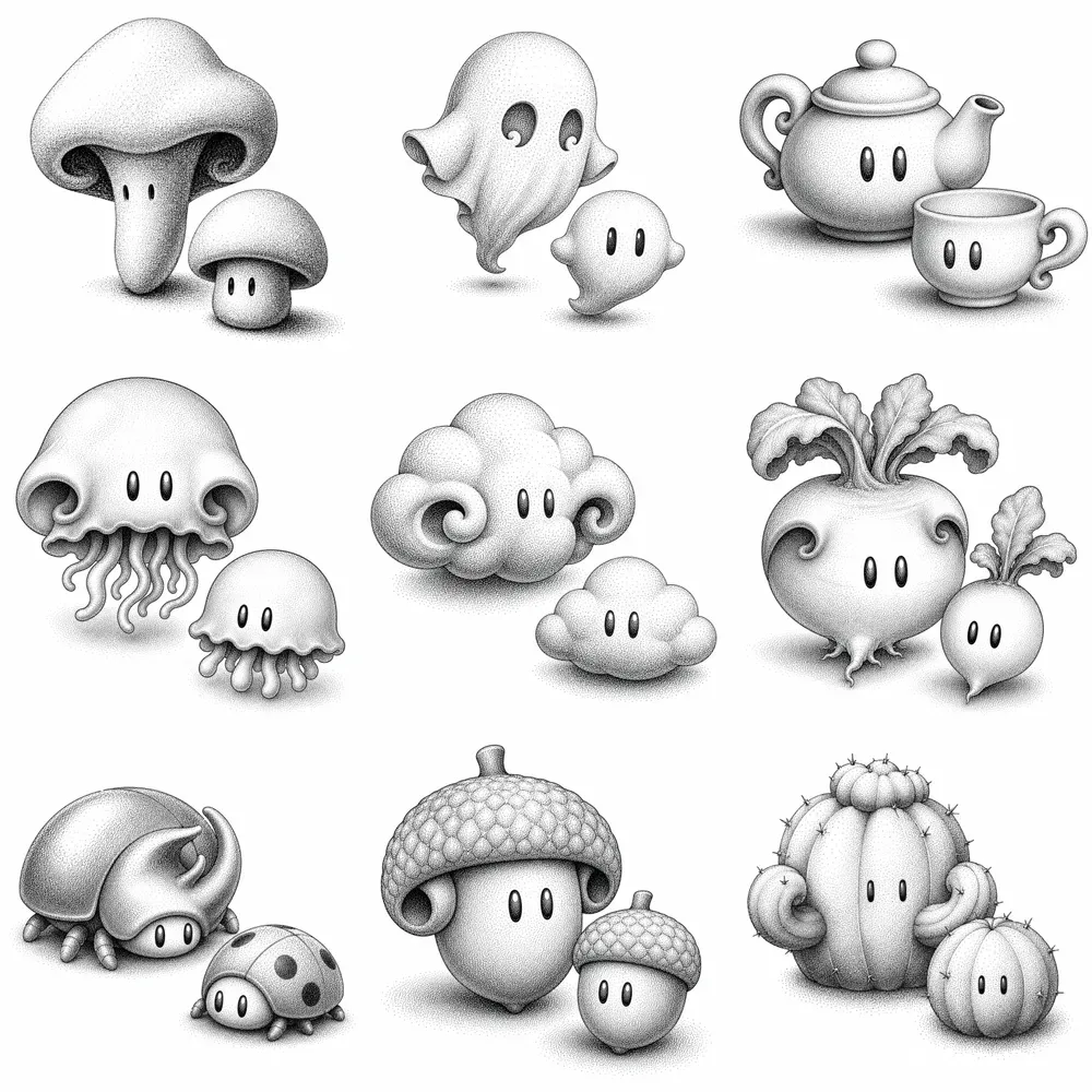 Monochrome Stipple Mascot Characters