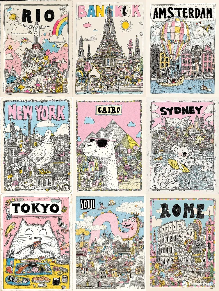 Whimsical Hand Drawn Travel Posters