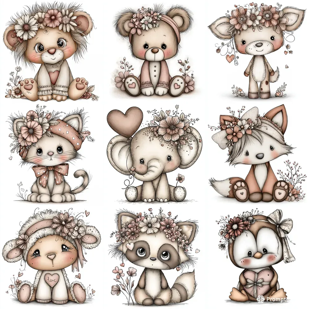 Love Baby Animals Boho Valentine Clipart