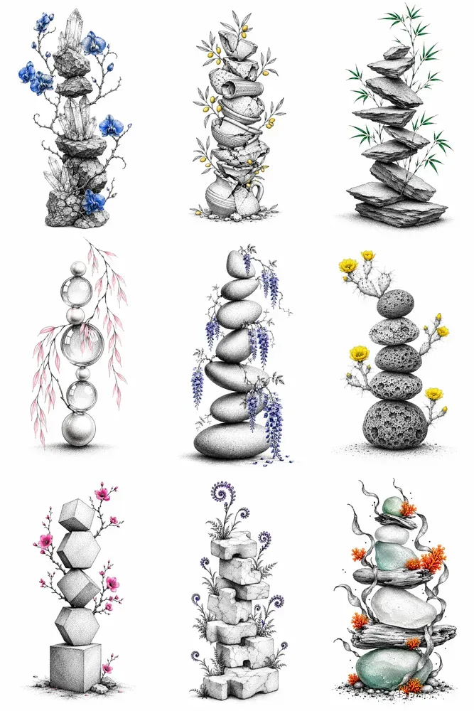 Stippled Zen Stones And Flora Art