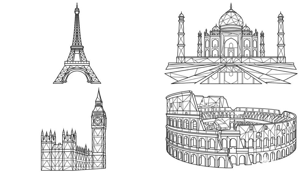 Lowpoly World Landmarks Line Art KDP