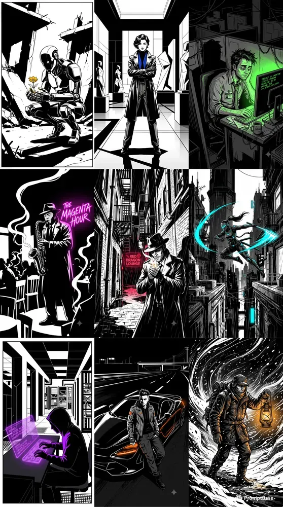 Neonoir Minimalist 2D Graphic Novel Art