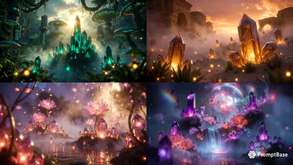 Bioluminescent Crystal Gardens In Fog