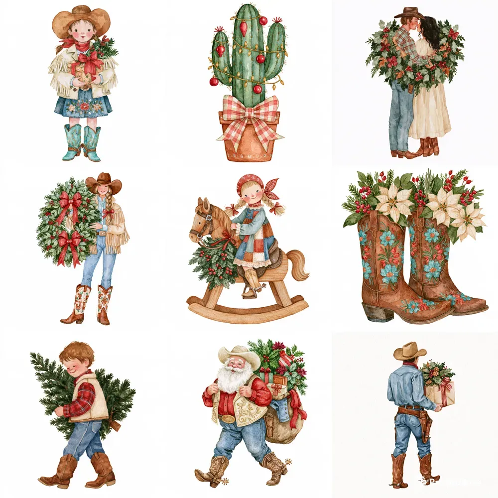Cowboy Christmas Watercolor Clipart