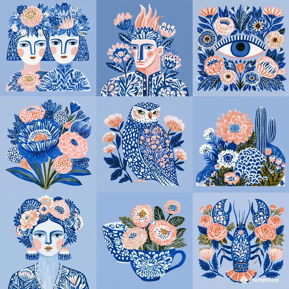 Blue Folk Floral Art