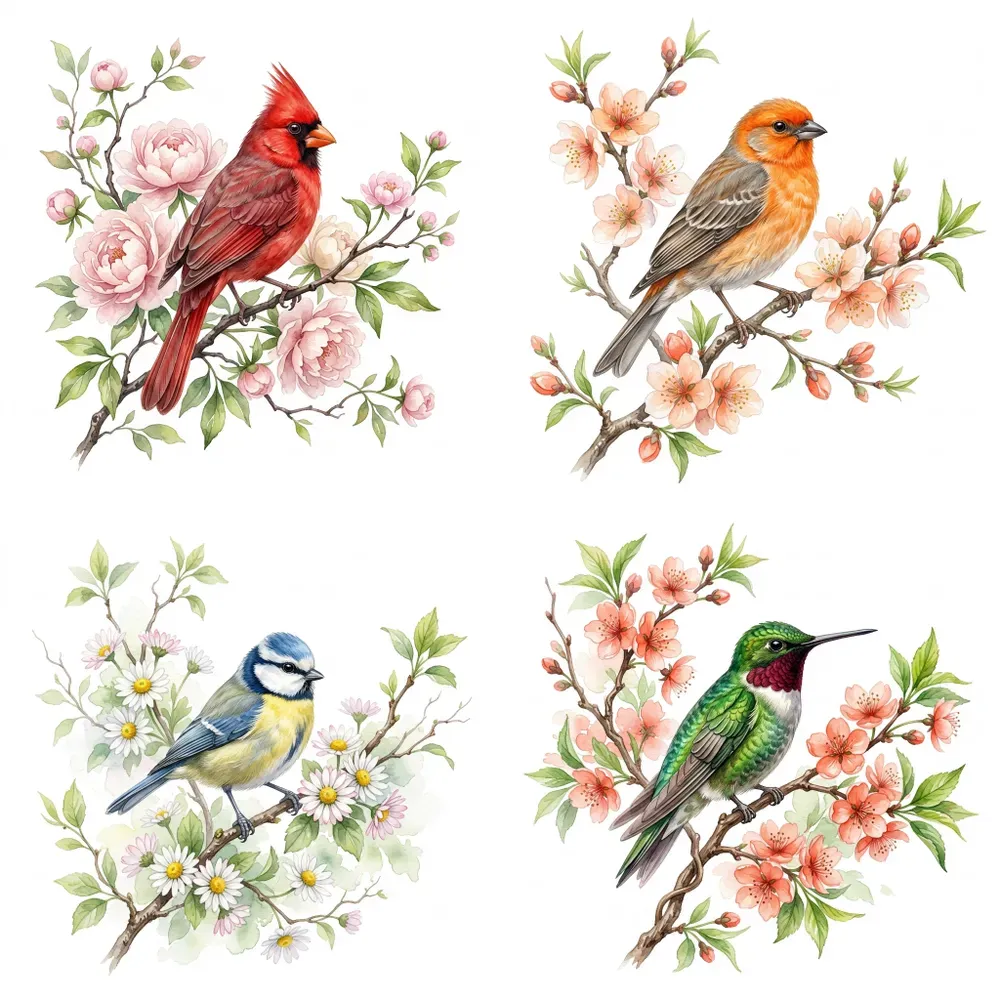 Watercolor Birds And Floral Clipart