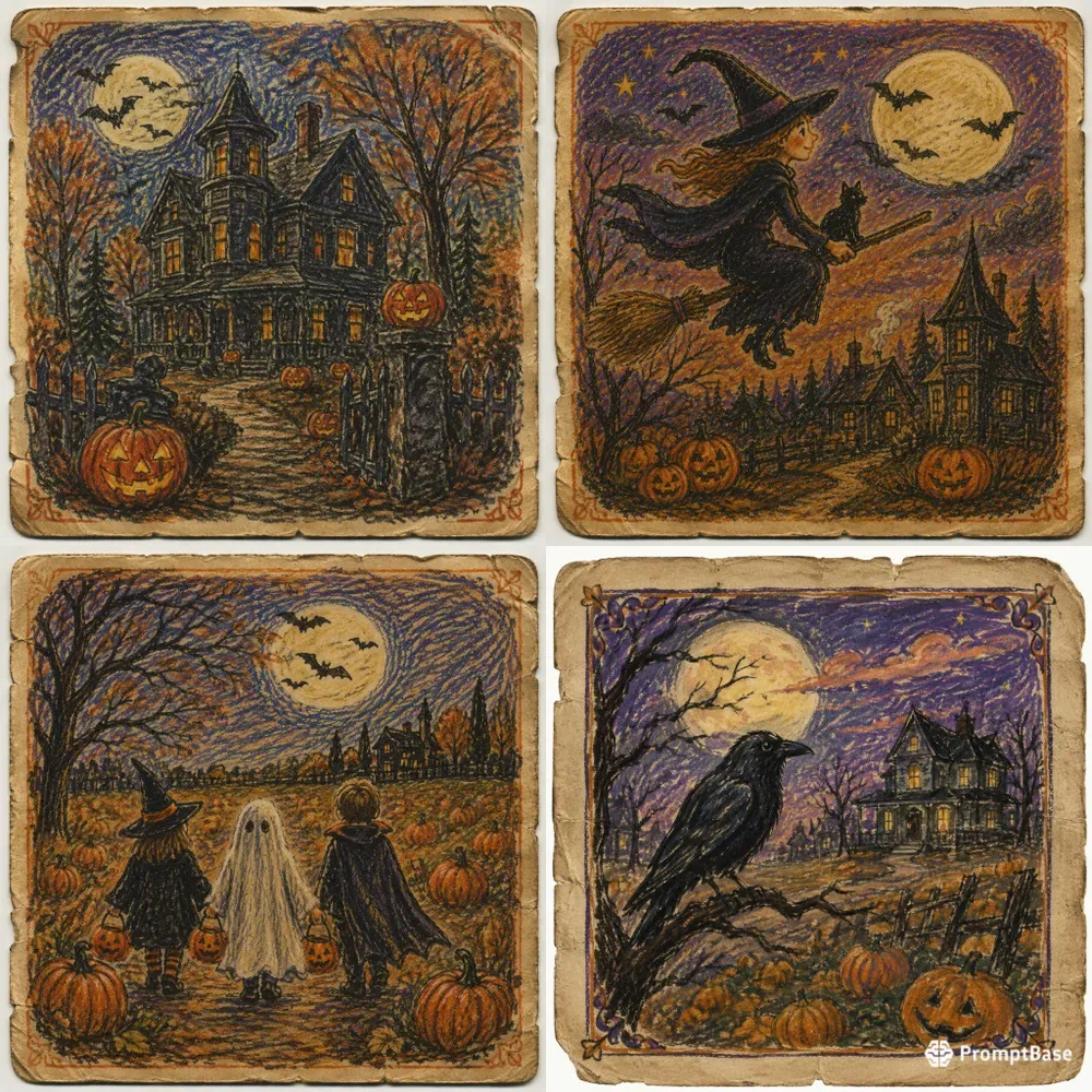 Halloween Crayon Postcard Ephemera