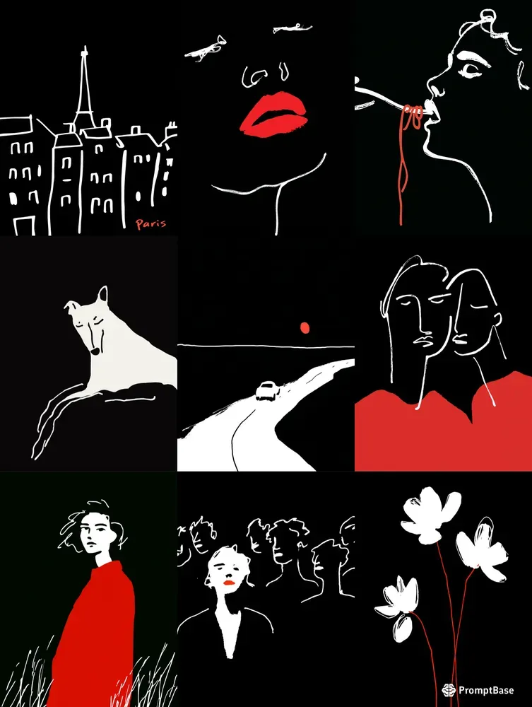 Minimalist Red And Black Line Art