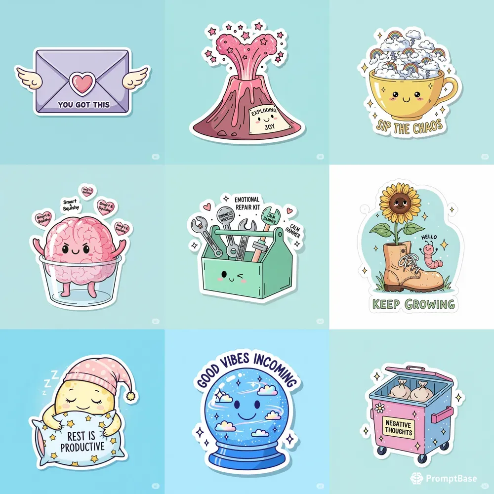 Positive Cartoon Stickers With Text