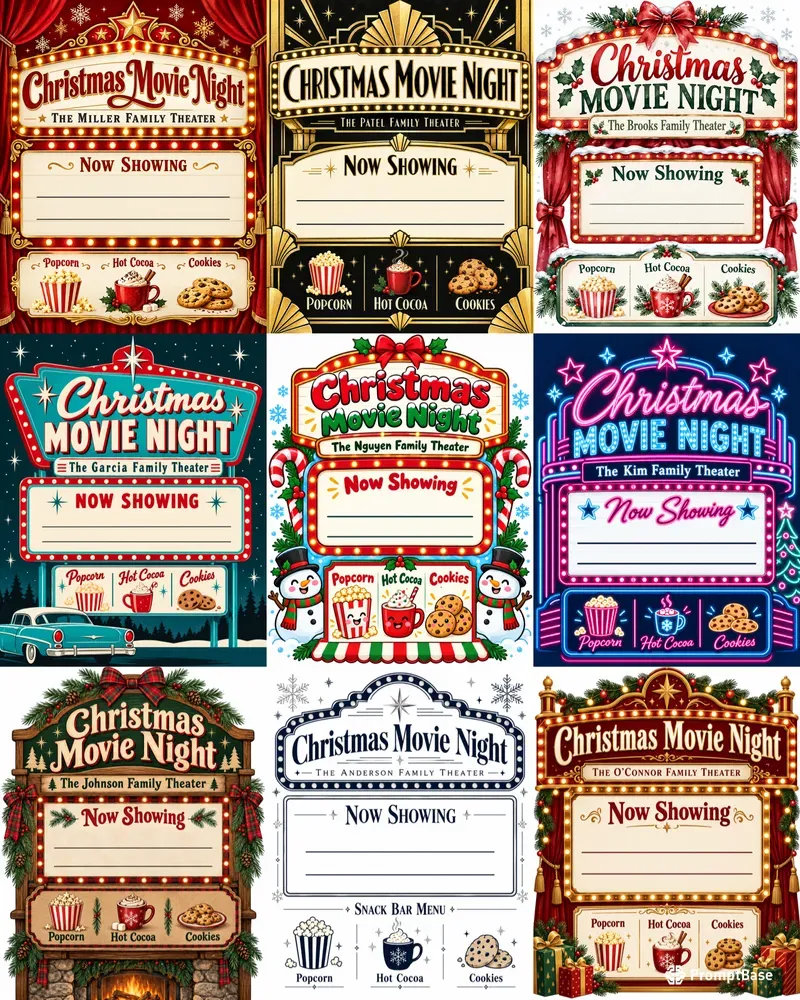 Family Christmas Movie Night Signs
