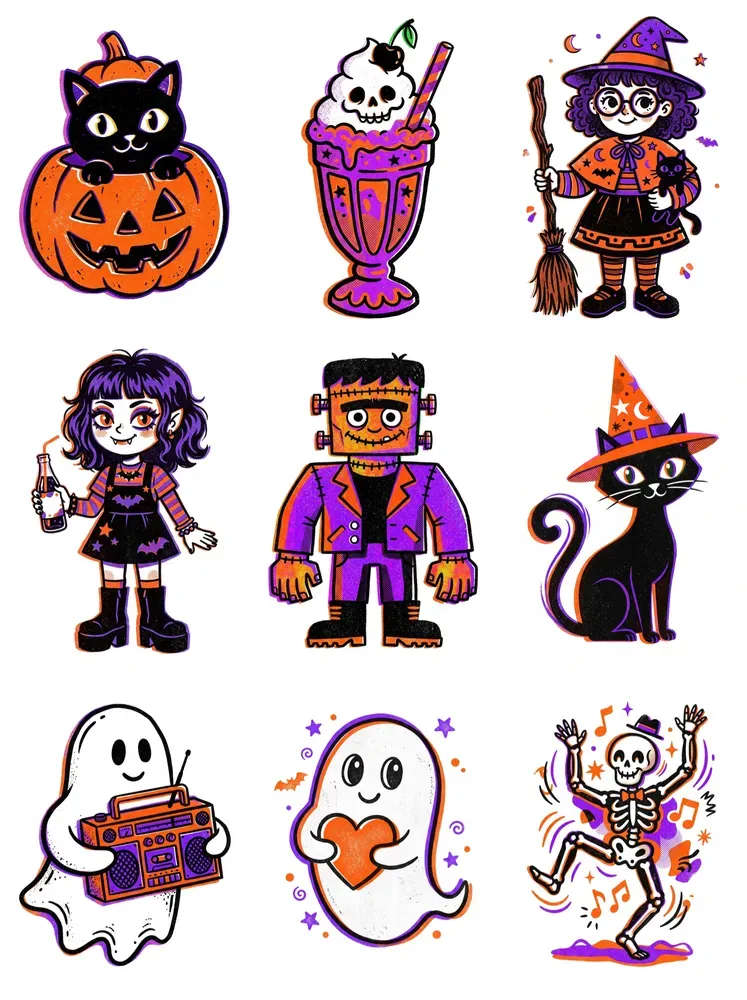 Retro Halloween Risograph Print Cliparts