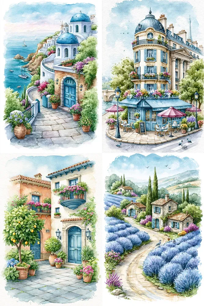 Whimsical Watercolor Travel Scenes
