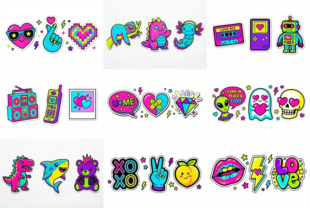 Neon Love Pop Art Sticker Clipart Sets