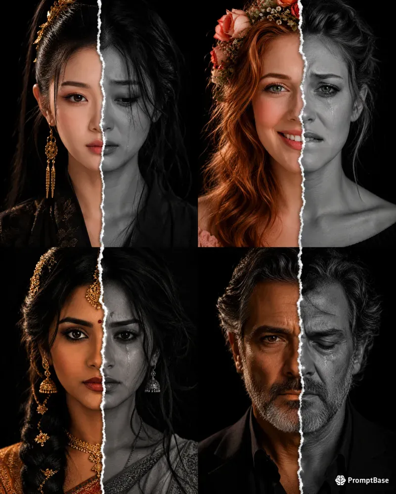 Emotional Duality Portrait Split Faces