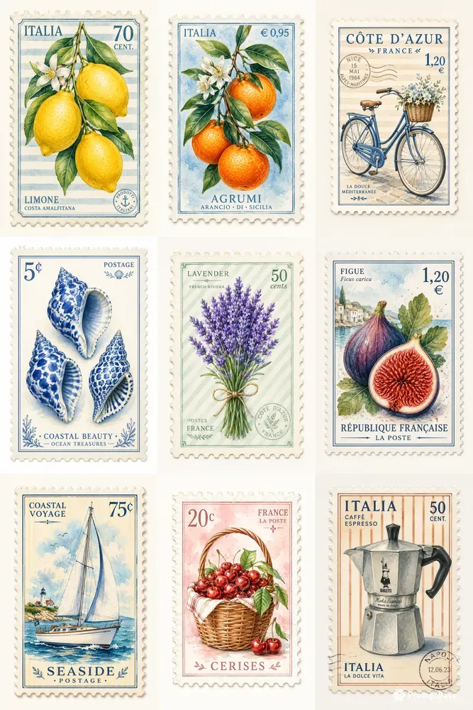 Watercolor Coastal Postage Stamps