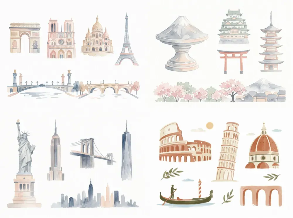 Watercolor Minimalist Landmark Clipart