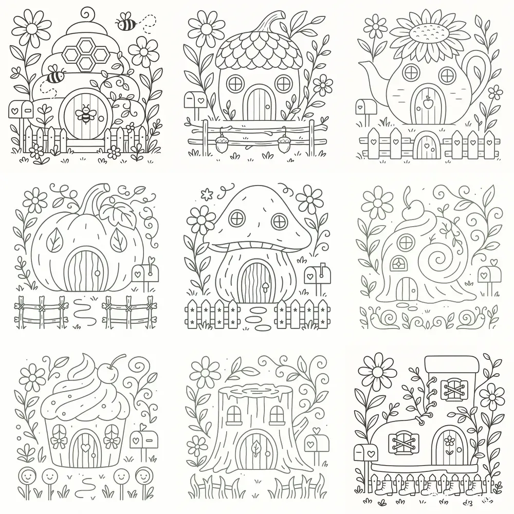 Cozy Fairy Houses Coloring Book Pages
