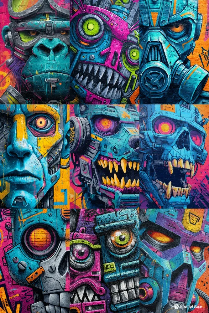 Cyberpunk Wall Murals With Scary Faces