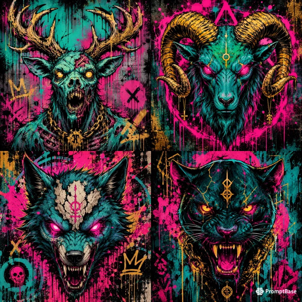 Neon Horror Creature Graffiti Portraits