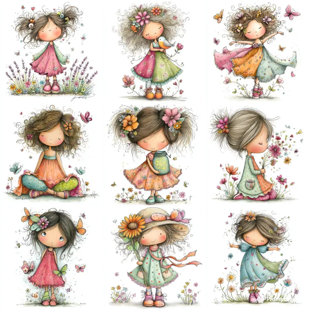 Doodle Girls Springtime Playful Cliparts