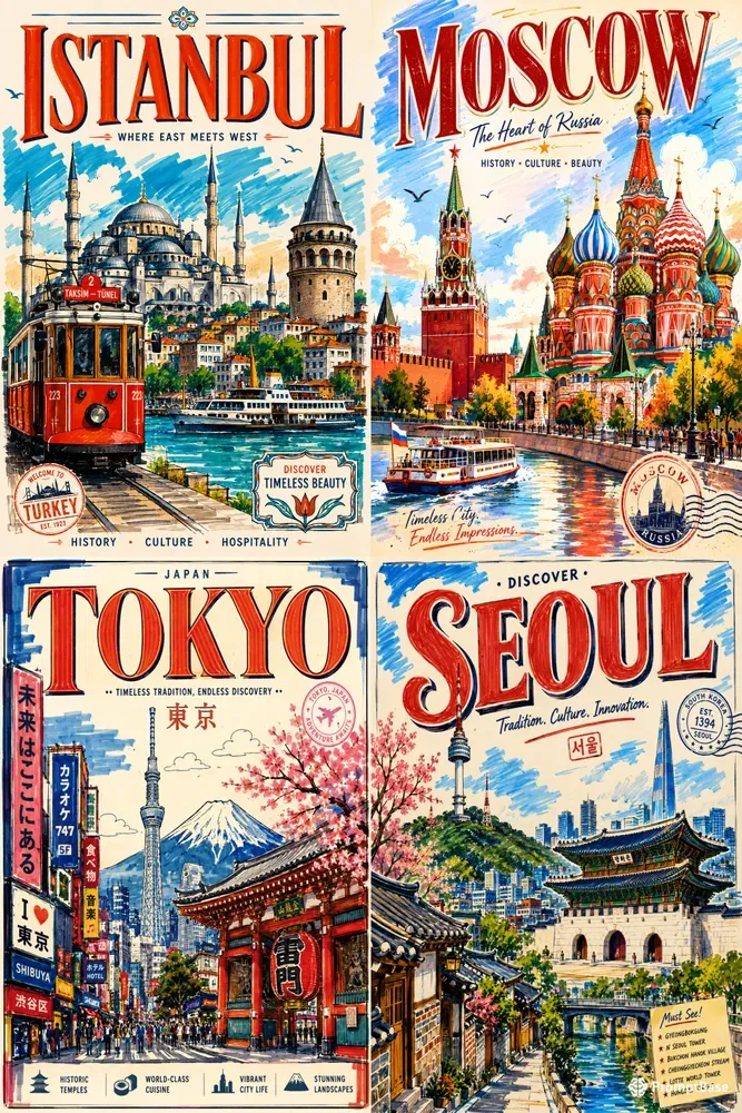 Vibrant Marker Drawing Style City Posters