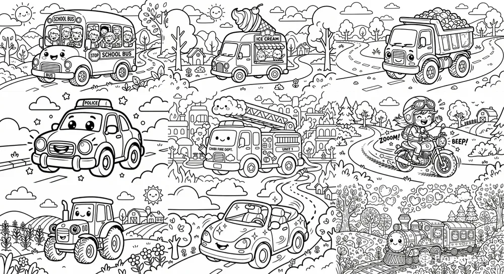 Cute Chibi Vehicles Coloring Pages
