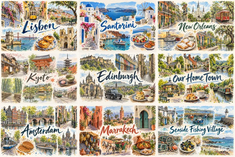 Hand Drawn Town Postcard Art