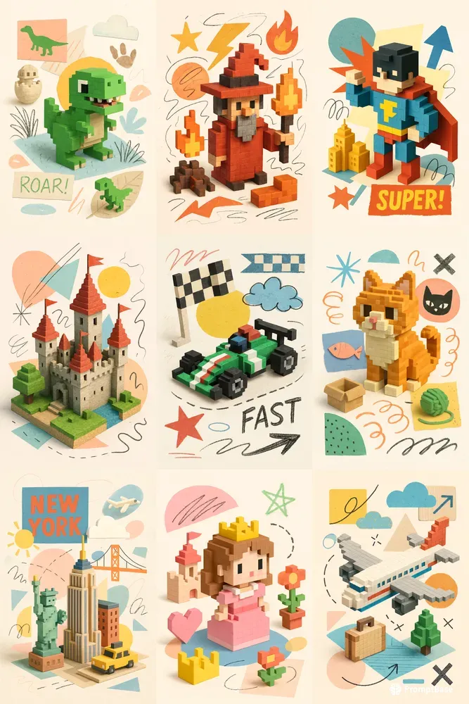 Cute Pastel Voxel Collage Posters