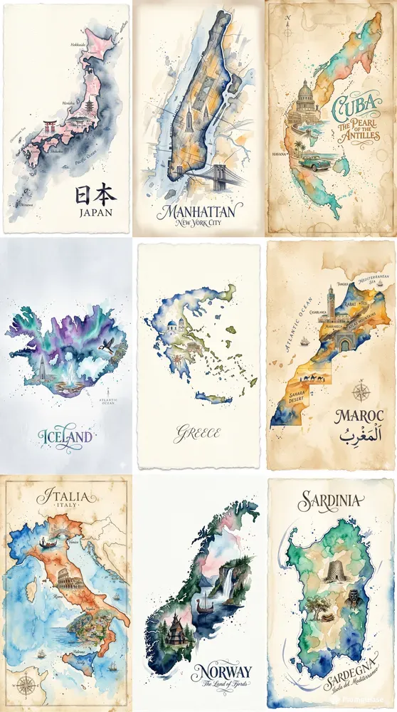 Watercolor Map Travel Posters