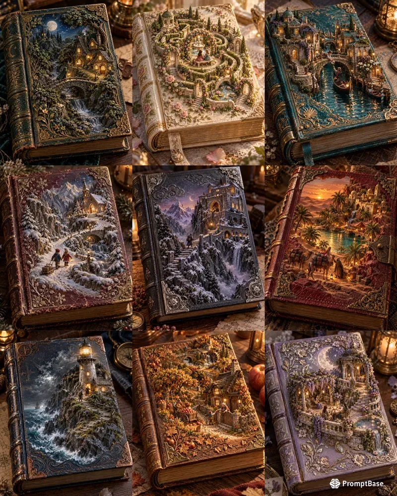 Raised Scenes On Antique Book Covers