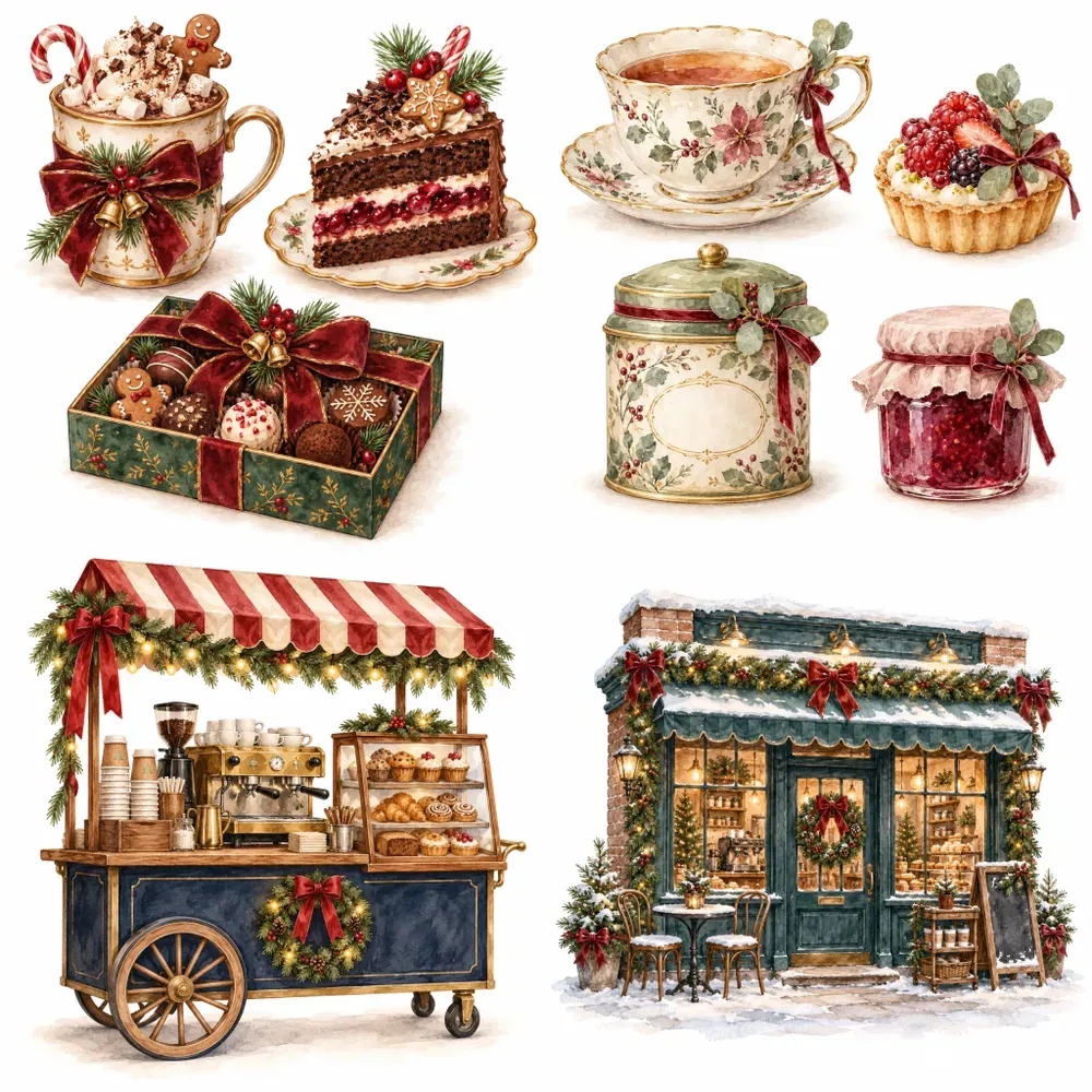 Cozy Christmas Cafe Watercolor Cliparts