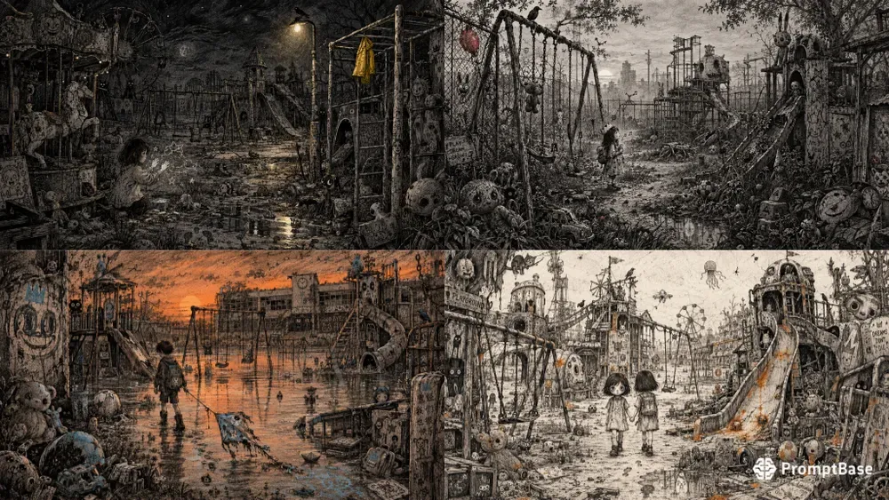 Surreal Abandoned Playground Ink Art