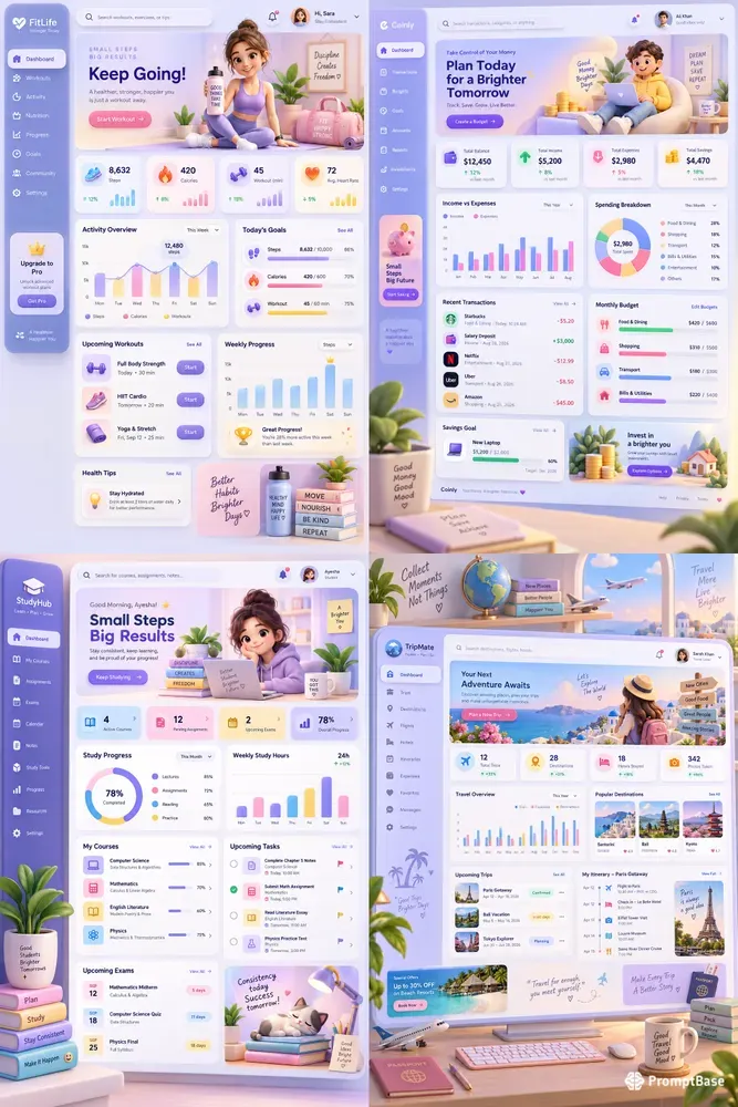 Soft 3D Pastel Dashboard UIs