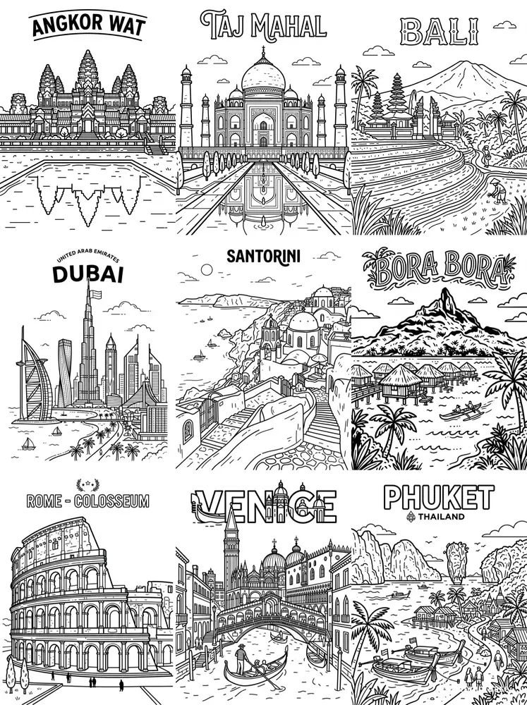 Vector Travel Coloring Book Pages