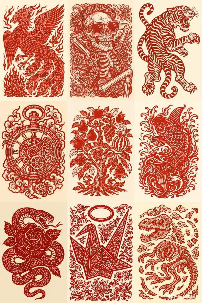 Red Maximalist Paper Cut Tattoo Art