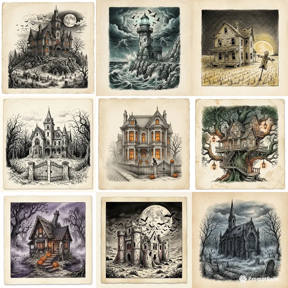Spooky Haunted House Ink Sketches