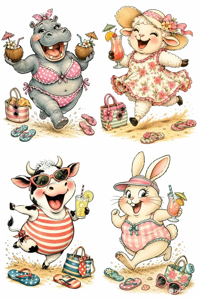 Whimsical Beach Animal Cartoons