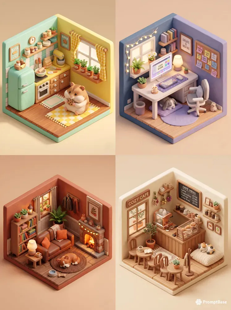 Cute 3D Isometric Pastel Room Dioramas
